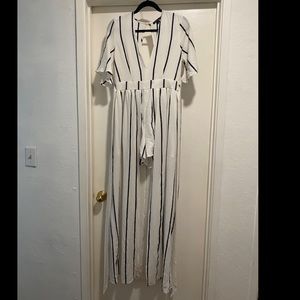 White Black Stripes Shorts Dress Front Open. Short Sleeve.